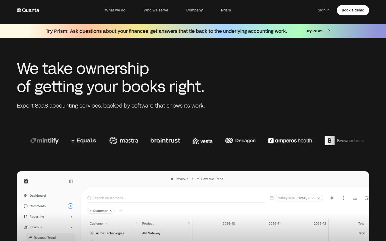 Screenshot of Quanta (usequanta.com) — Bookkeeping built for software companies