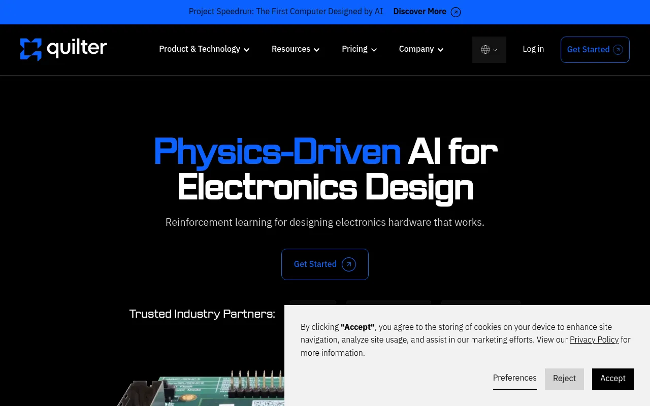 Screenshot of Quilter (quilter.ai) — Physics-driven AI for electronics design