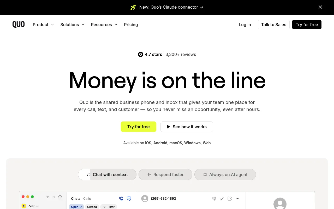 Screenshot of Quo (openphone.com) — The new kind of business phone