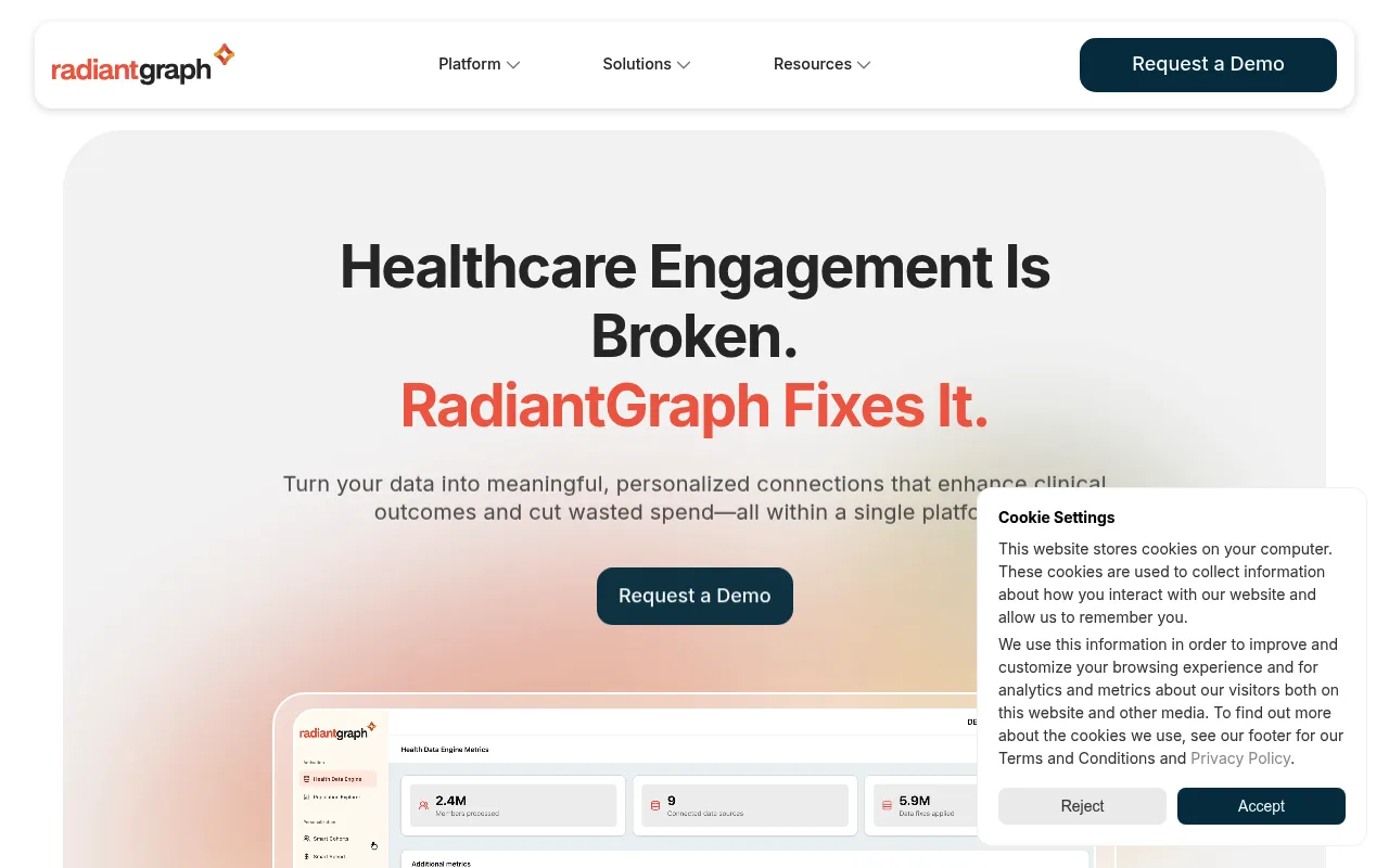 Screenshot of RadiantGraph (radiantgraph.com) — Intelligent personalization for healthcare