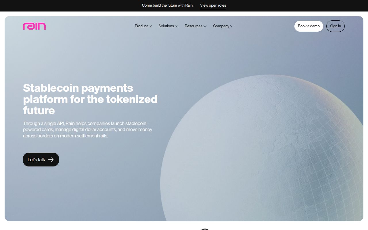 Screenshot of Rain (raincards.xyz) — The enterprise stablecoin
