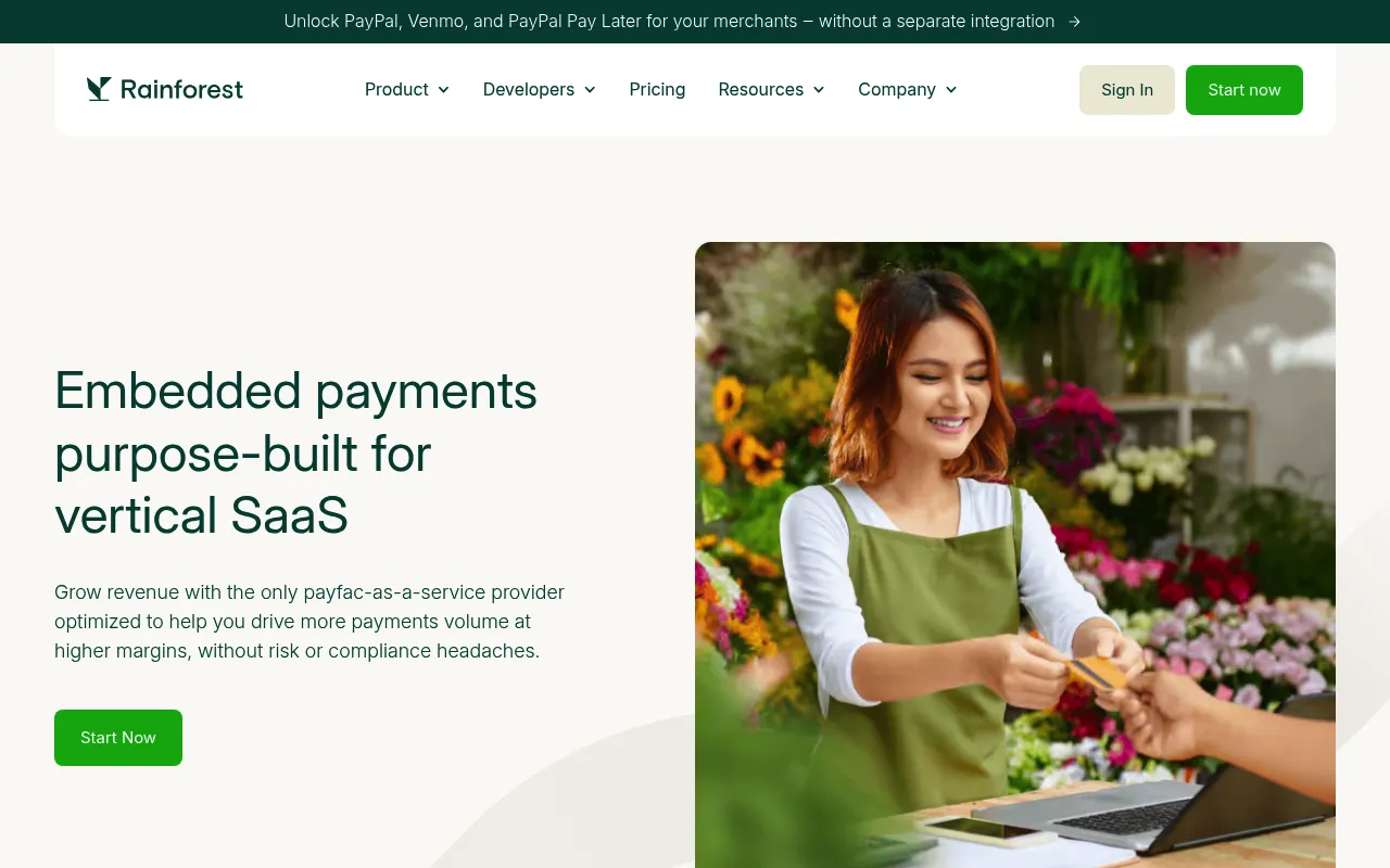 Screenshot of Rainforest (rainforestpay.com) — Payment processing for your platform