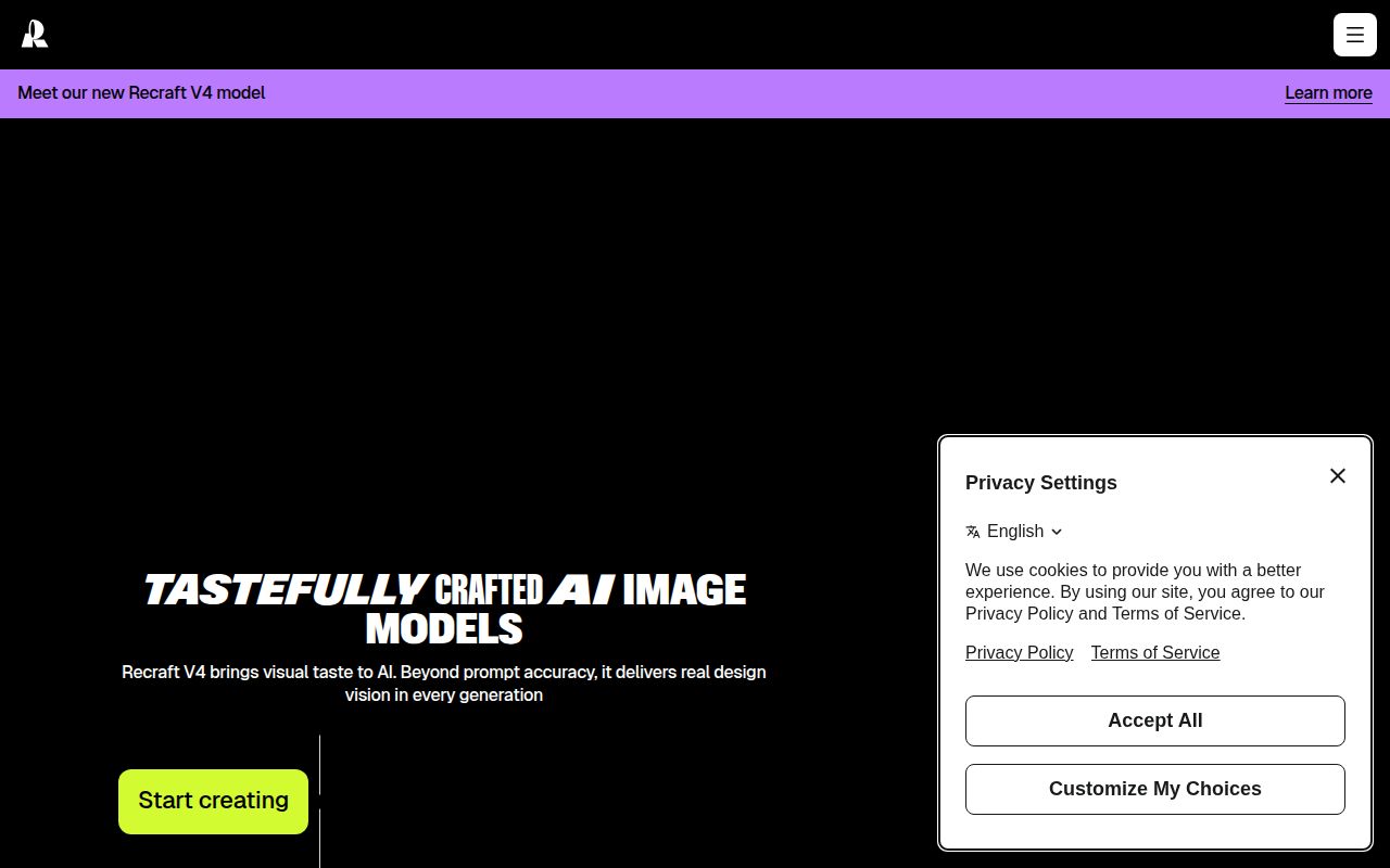 Screenshot of Recraft (recraft.ai) — Image generation and editing tool
