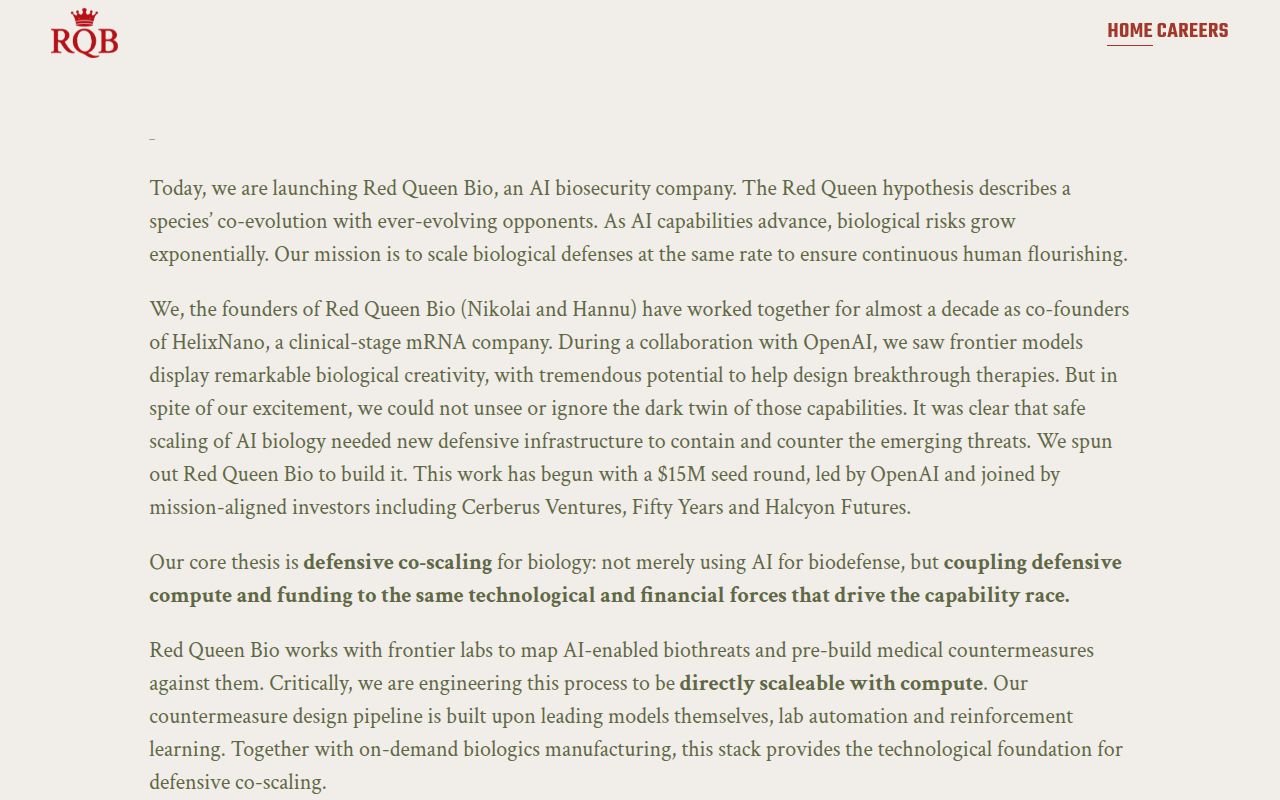 Screenshot of Red Queen Bio (redqueen.bio) — AI-enabled biosecurity