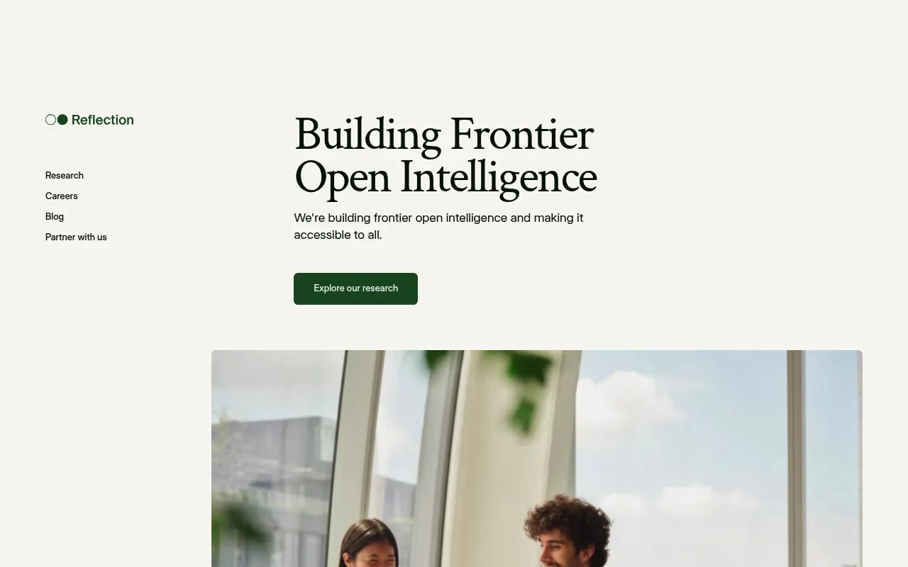 Screenshot of Reflection (reflection.ai) — Frontier open intelligence accessible to all