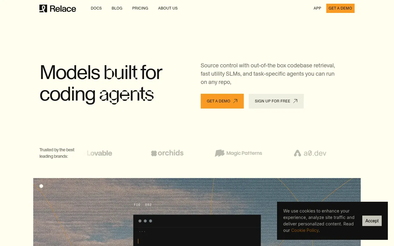 Screenshot of Relace (relace.ai) — LLMs for code generation