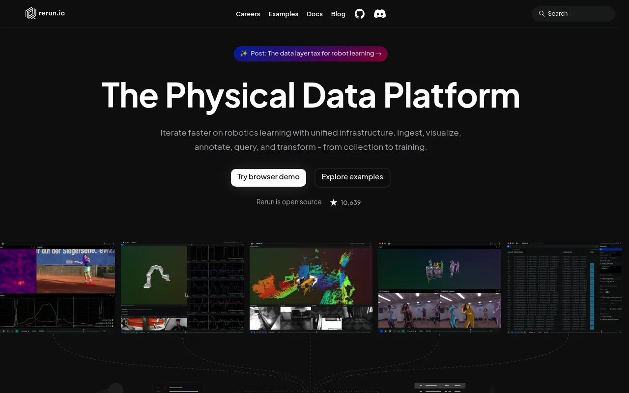 Screenshot of Rerun (rerun.io) — The multimodal data stack