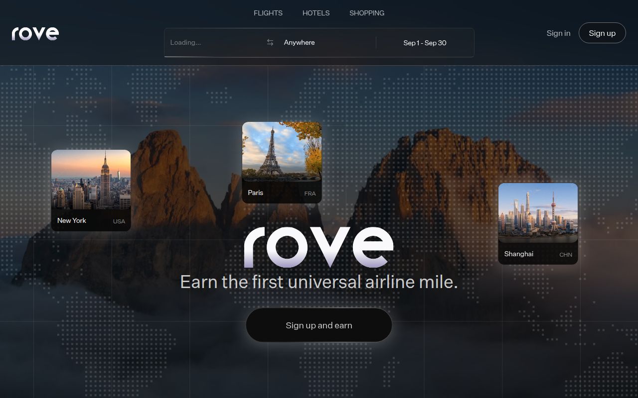 Screenshot of Rove (rovemiles.com) — The first universal airline mile