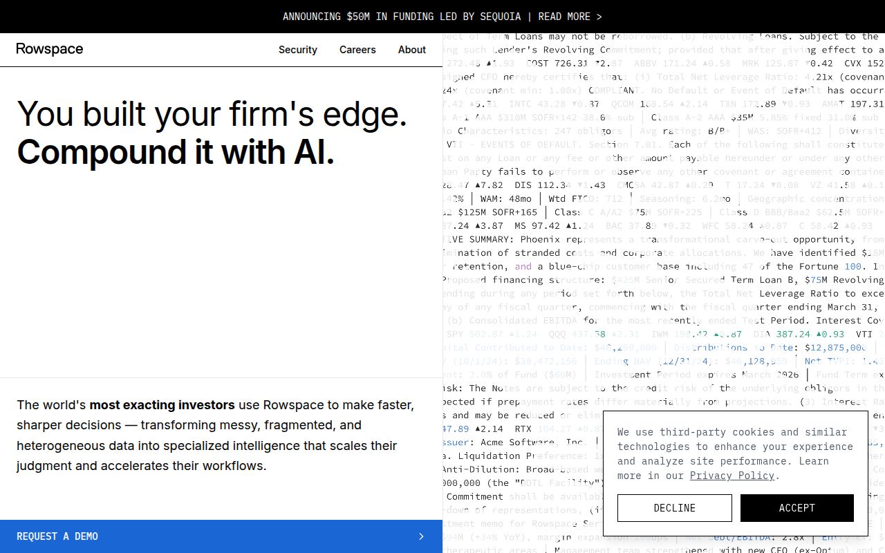 Screenshot of Rowspace (rowspace.ai) — Specialized intelligence for investors