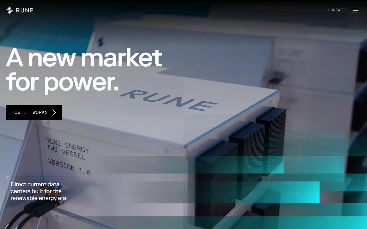 Screenshot of Rune (rune.energy) — DC data center for solar and wind