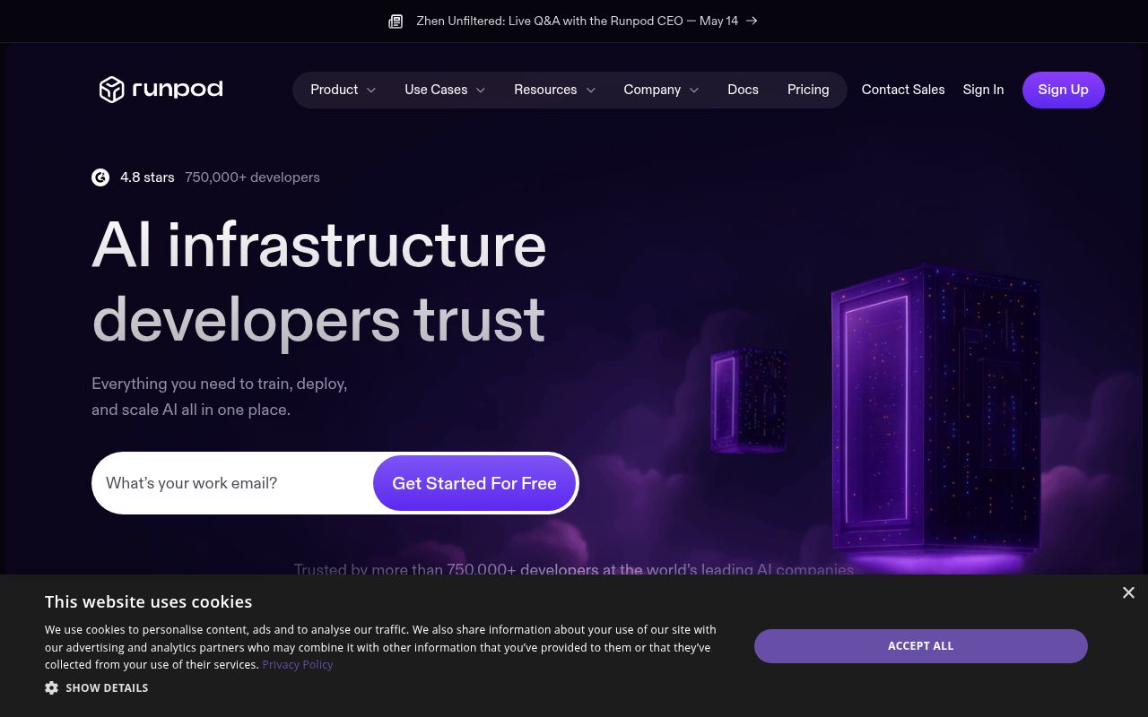 Screenshot of RunPod (runpod.io) — Deploy full-stack AI applications