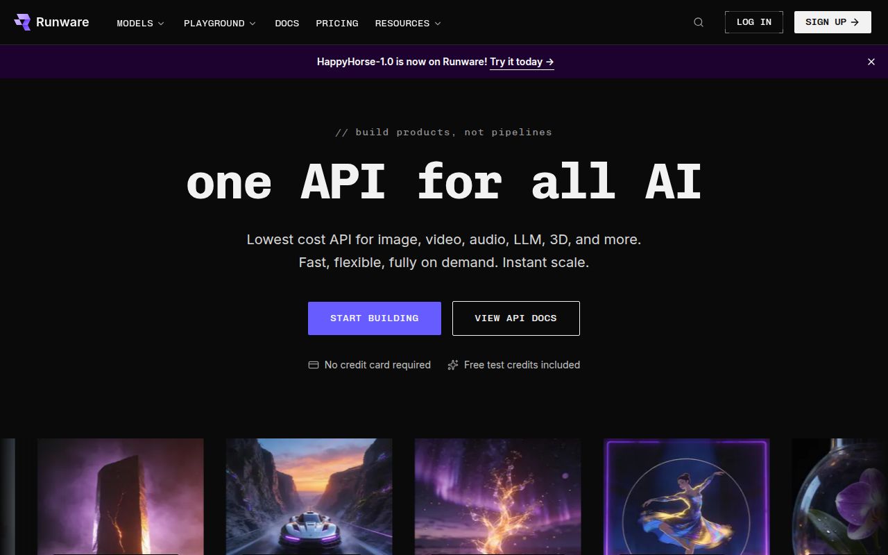 Screenshot of Runware (runware.ai) — One API for all AI