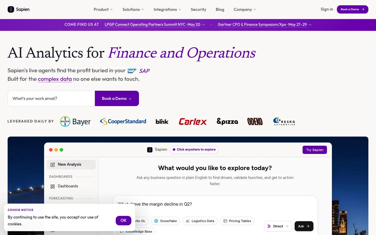 Screenshot of Sapien (sapien.ai) — AI coworker for CFOs