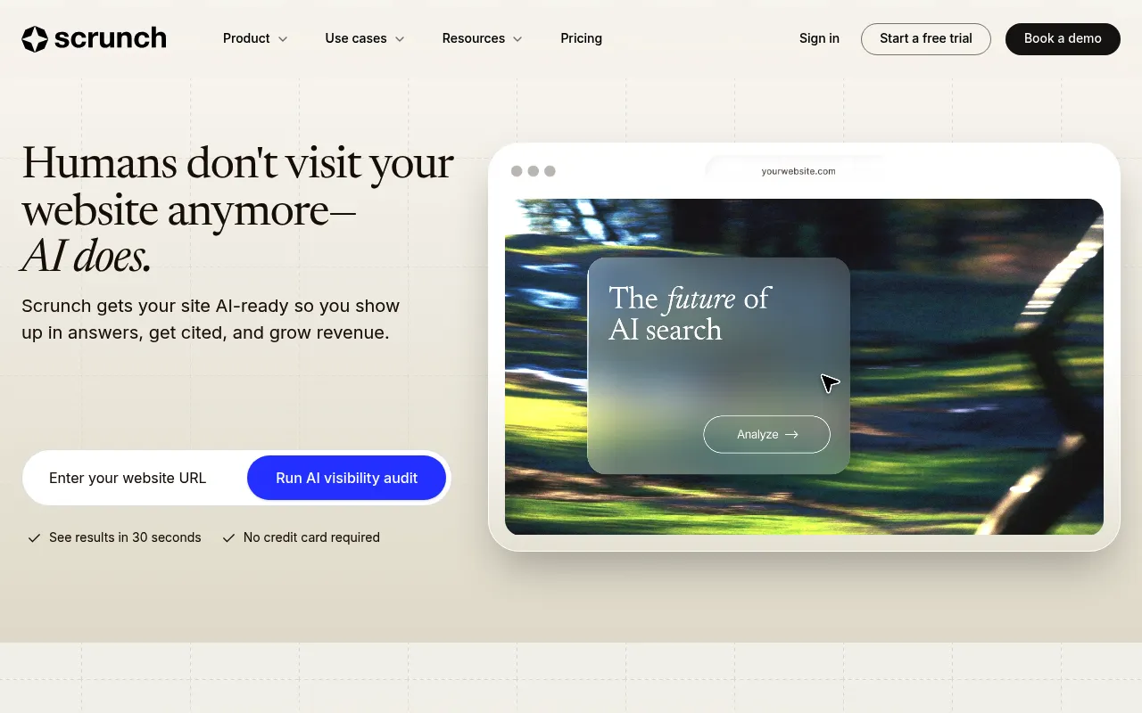 Screenshot of Scrunch (scrunchai.com) — Helping brands win AI search