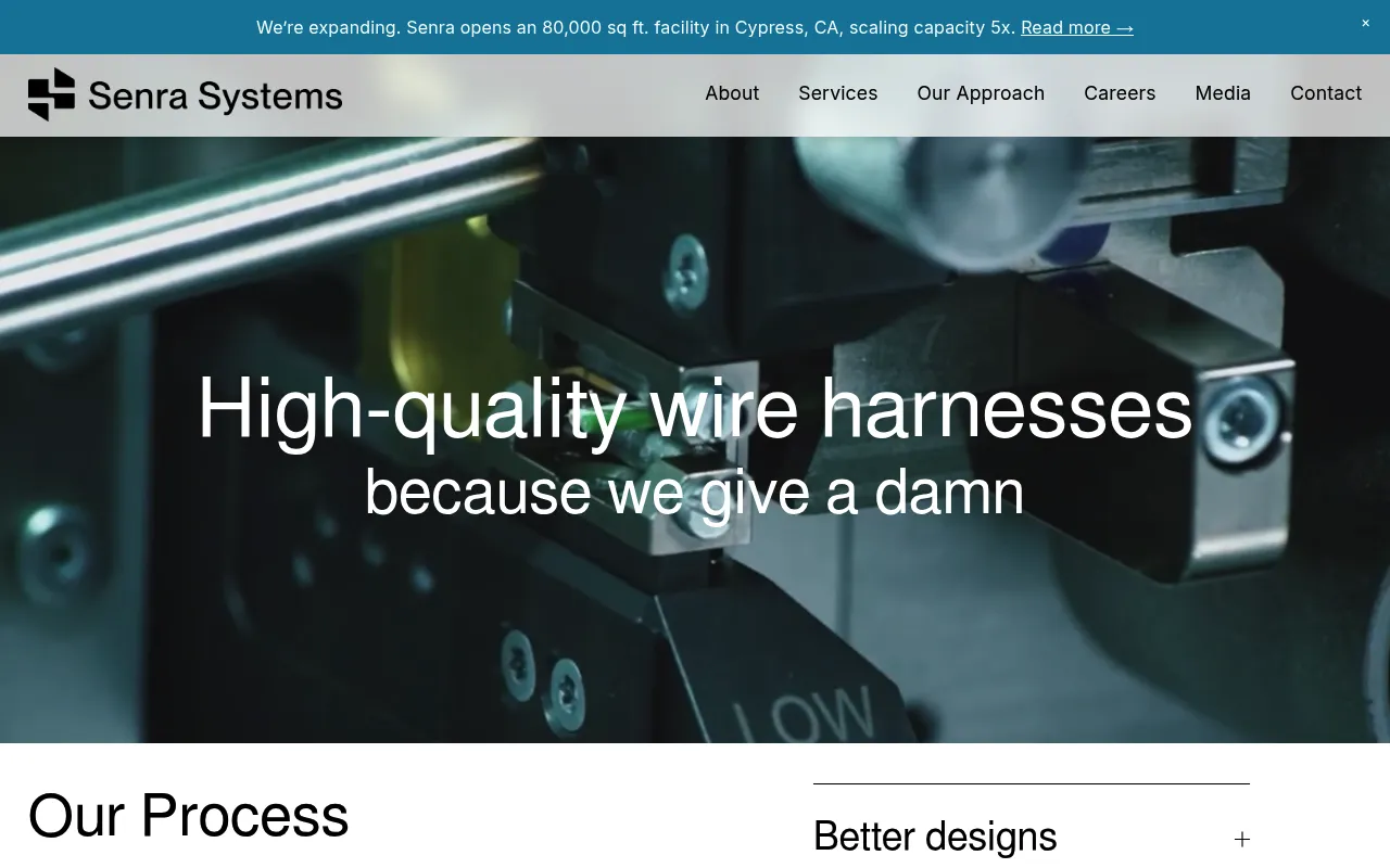 Screenshot of Senra Systems (senrasystems.us) — Supercharging electrical wire harness manufacturing