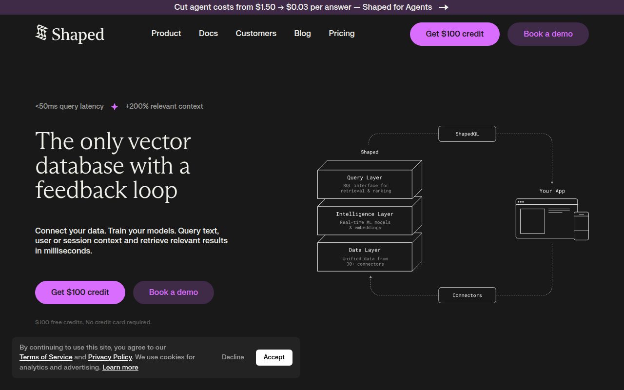 Screenshot of Shaped (shaped.ai) — Real-time retrieval engine