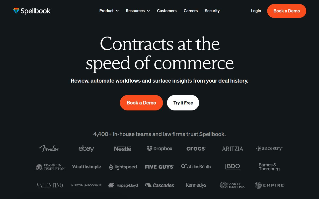 Screenshot of Spellbook (spellbook.legal) — The AI copilot for transactional lawyers