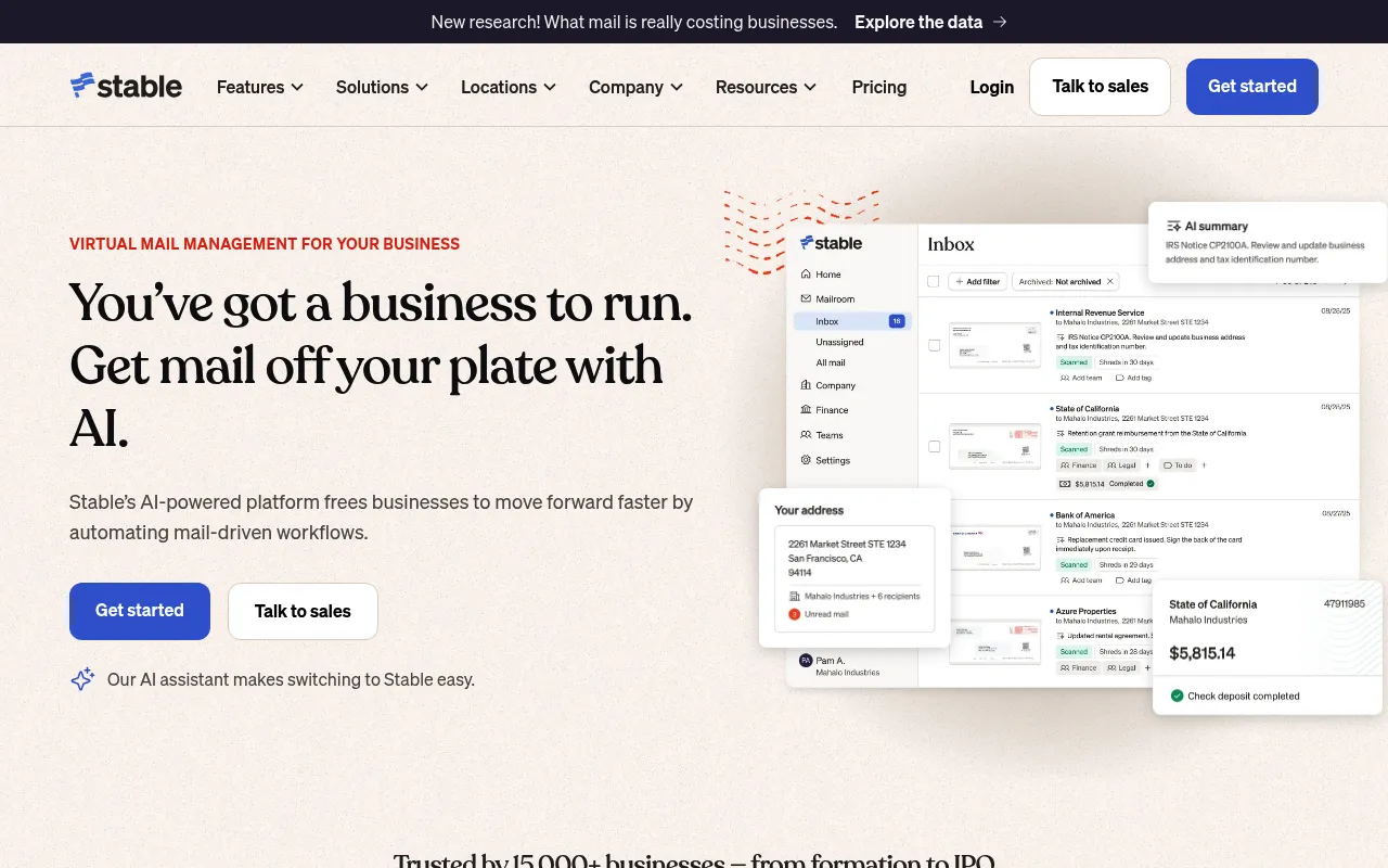 Screenshot of Stable (usestable.com) — Virtual address + mailroom for startups
