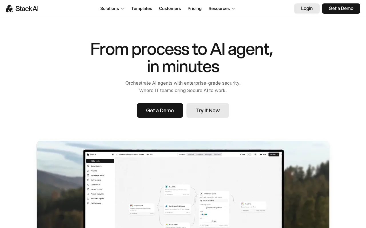 Screenshot of StackAI (stack-ai.com) — No-code platform to build AI agents