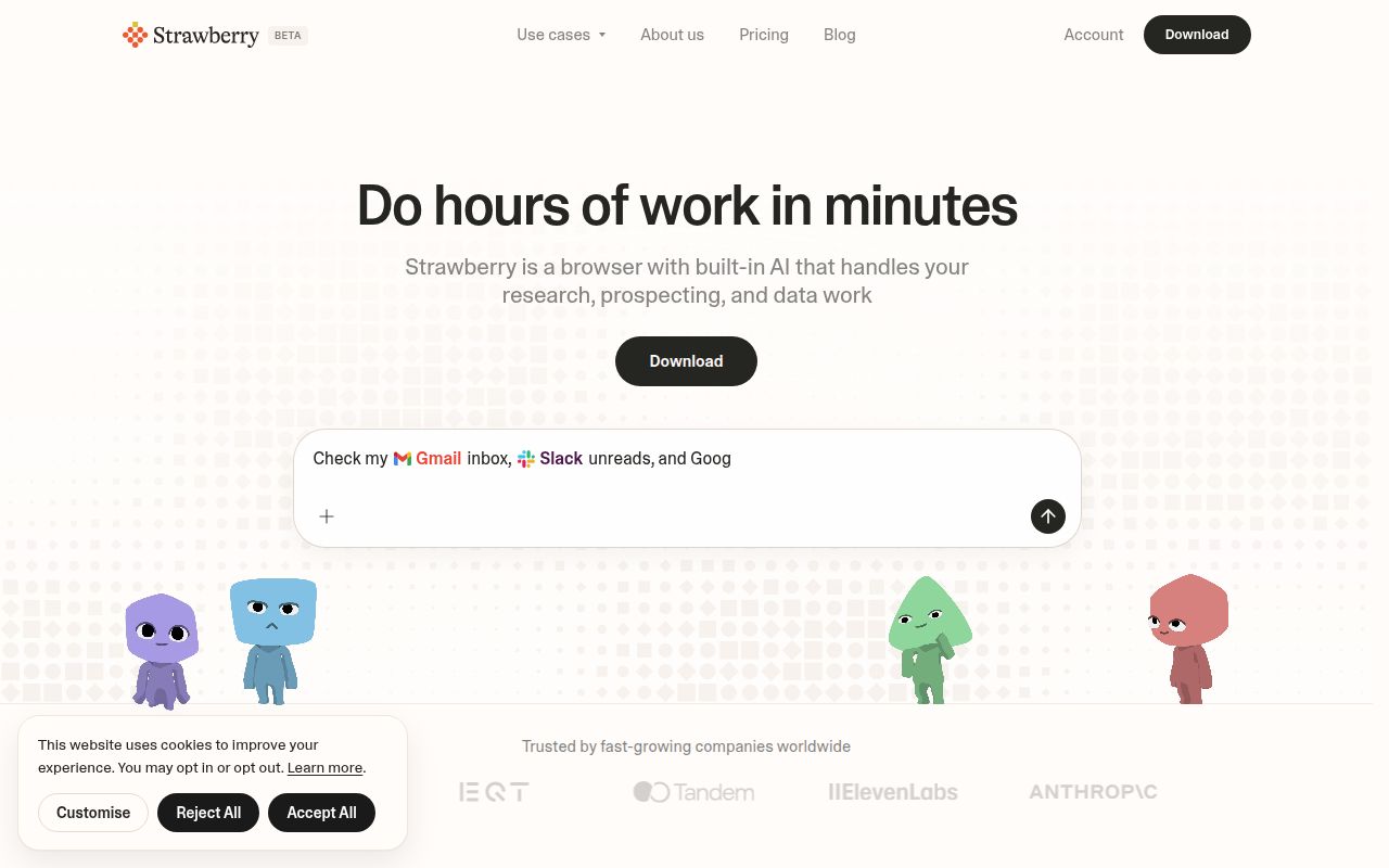 Screenshot of Strawberry (strawberrybrowser.com) — The self-driving browser