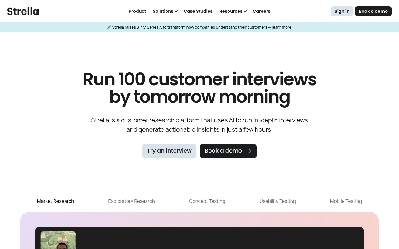 Screenshot of Strella (strella.io) — AI-moderated interviews