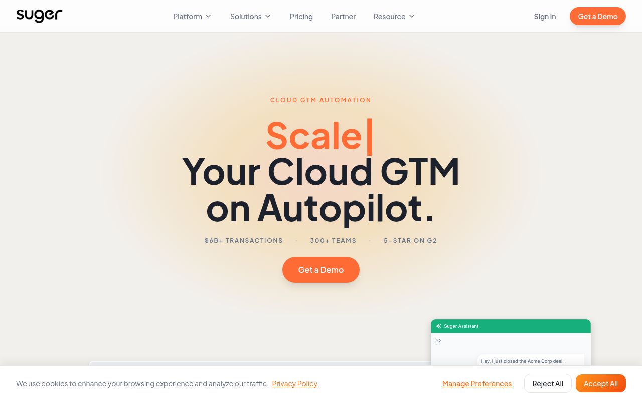 Screenshot of Suger (suger.io) — GTM for cloud marketplaces