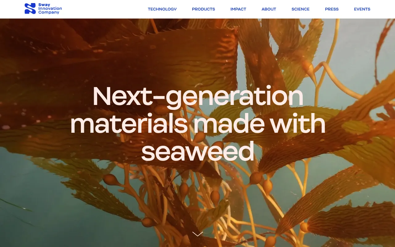 Screenshot of Sway (swaythefuture.com) — Seaweed as replacement for plastic