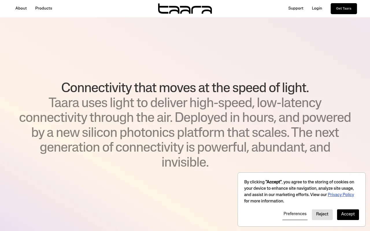 Screenshot of Taara (taaraconnect.com) — High-speed using beams of light