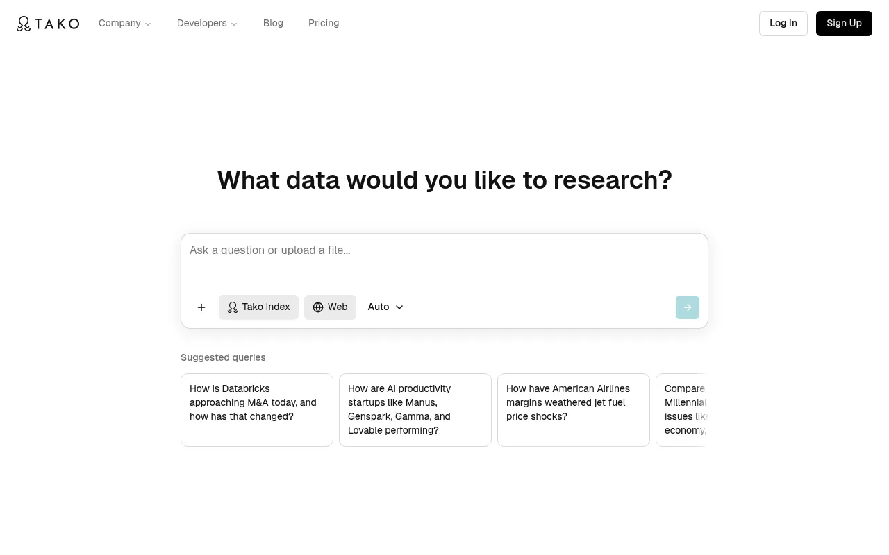 Screenshot of Tako (trytako.com) — AI search engine to visualize knowledge
