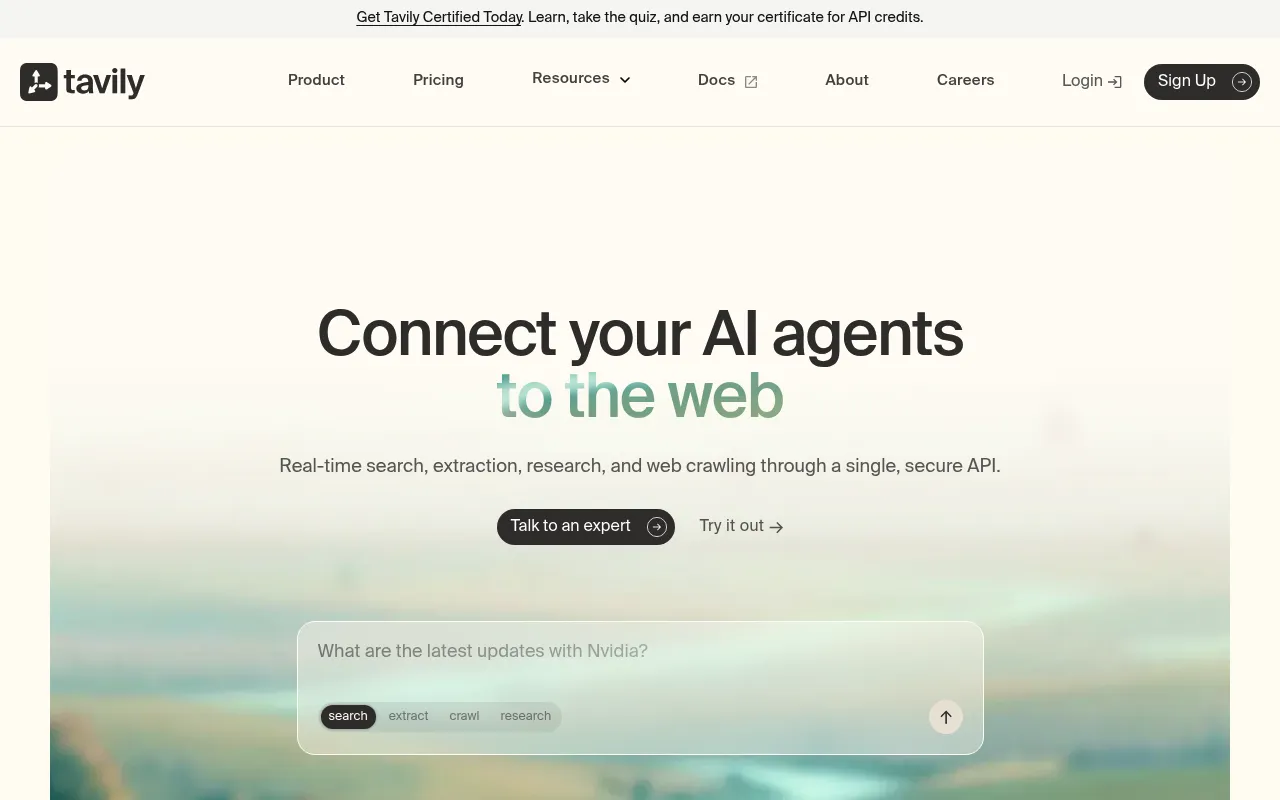 Screenshot of Tavily (tavily.com) — Connect your agent to the web