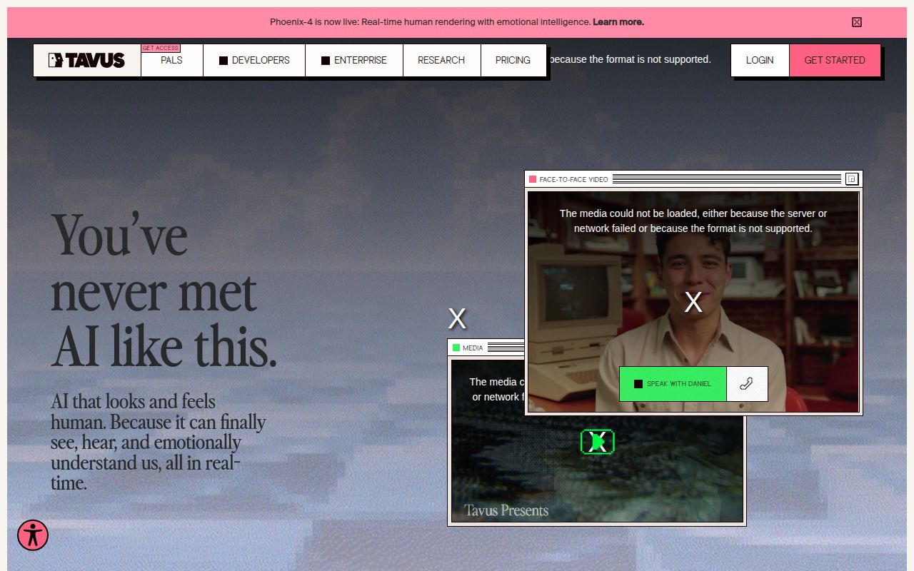 Screenshot of Tavus (tavus.io) — Building AI humans