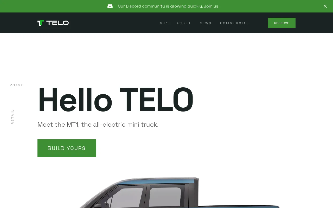 Screenshot of TELO (telotrucks.com) — EV trucks for cities