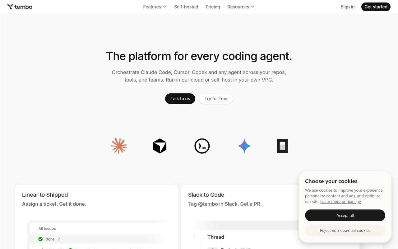 Screenshot of Tembo (tembo.io) — Background agents for technical teams