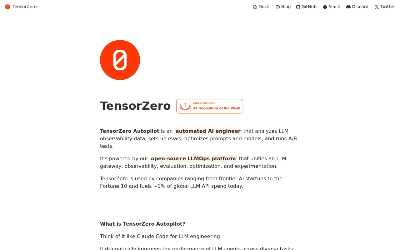 Screenshot of TensorZero (tensorzero.com) — Open-source LLM infra