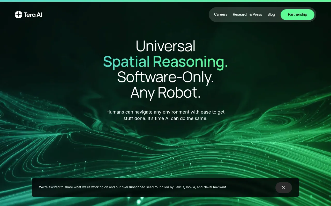 Screenshot of Tera AI (tera-ai.com) — Superhuman spatial reasoning for autonomy