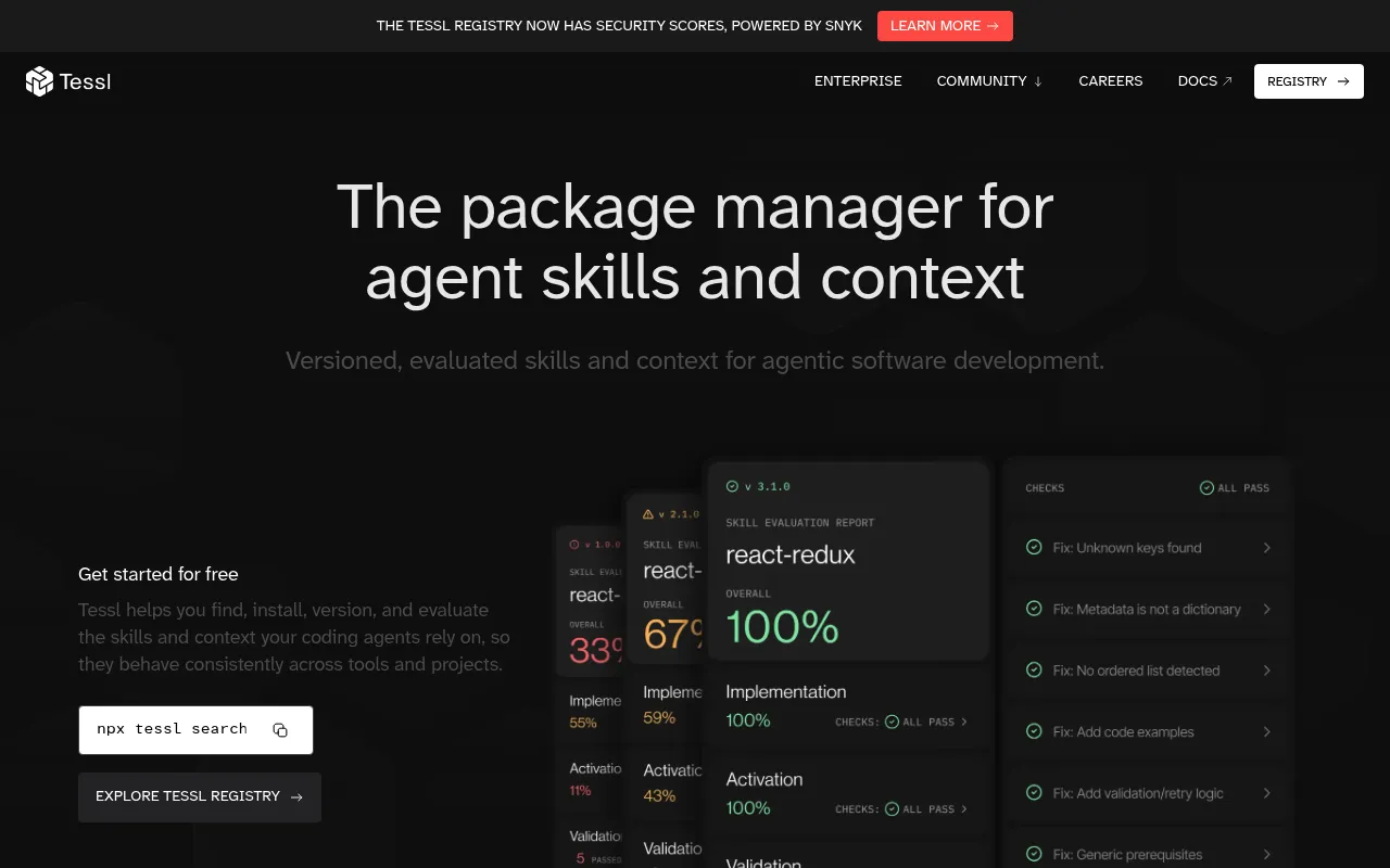 Screenshot of Tessl (tessl.io) — Keep your AI agents on rails