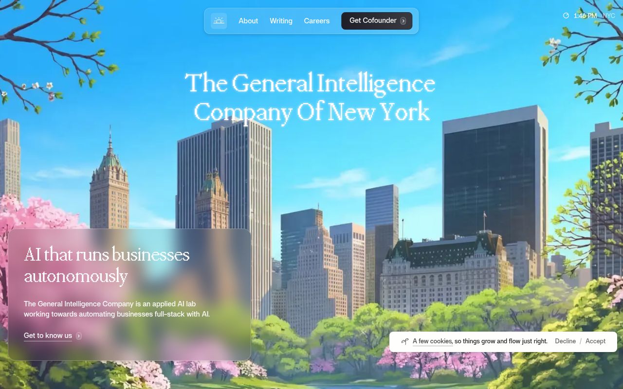 Screenshot of The General Intelligence Company (generalintelligencecompany.com) — Autonomous agents for startups