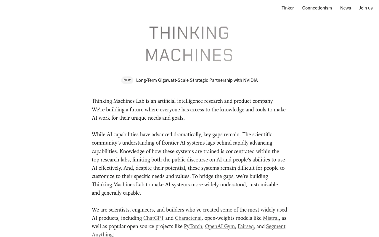 Screenshot of Thinking Machines (thinkingmachines.ai) — Building Tinker