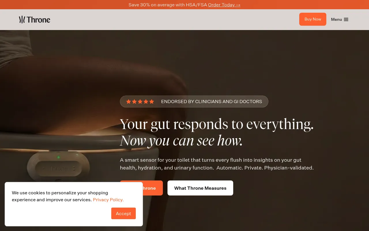 Screenshot of Throne (thronescience.com) — Continuous bathroom biomarkers