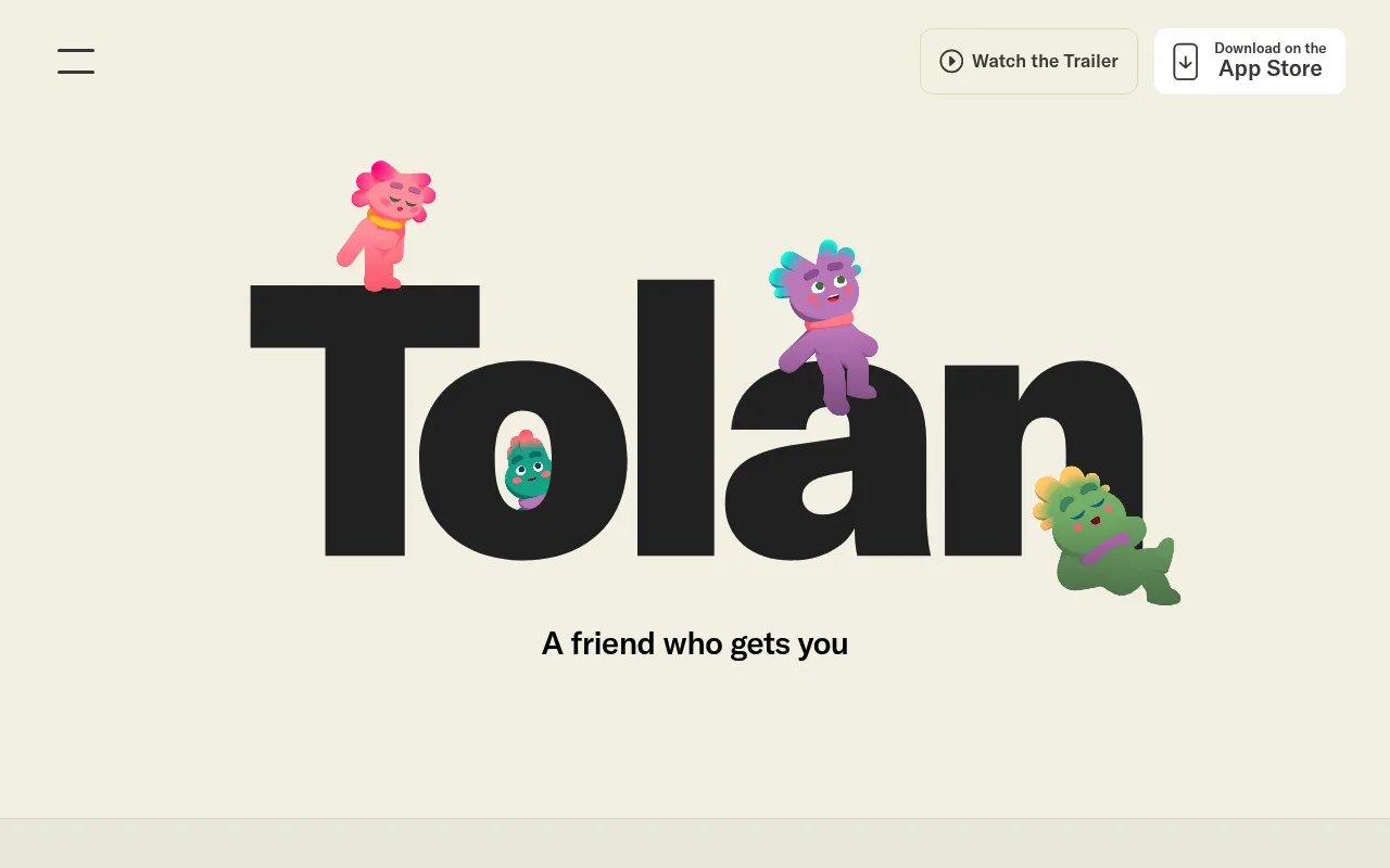 Screenshot of Tolans (tolans.com) — An embodied companion