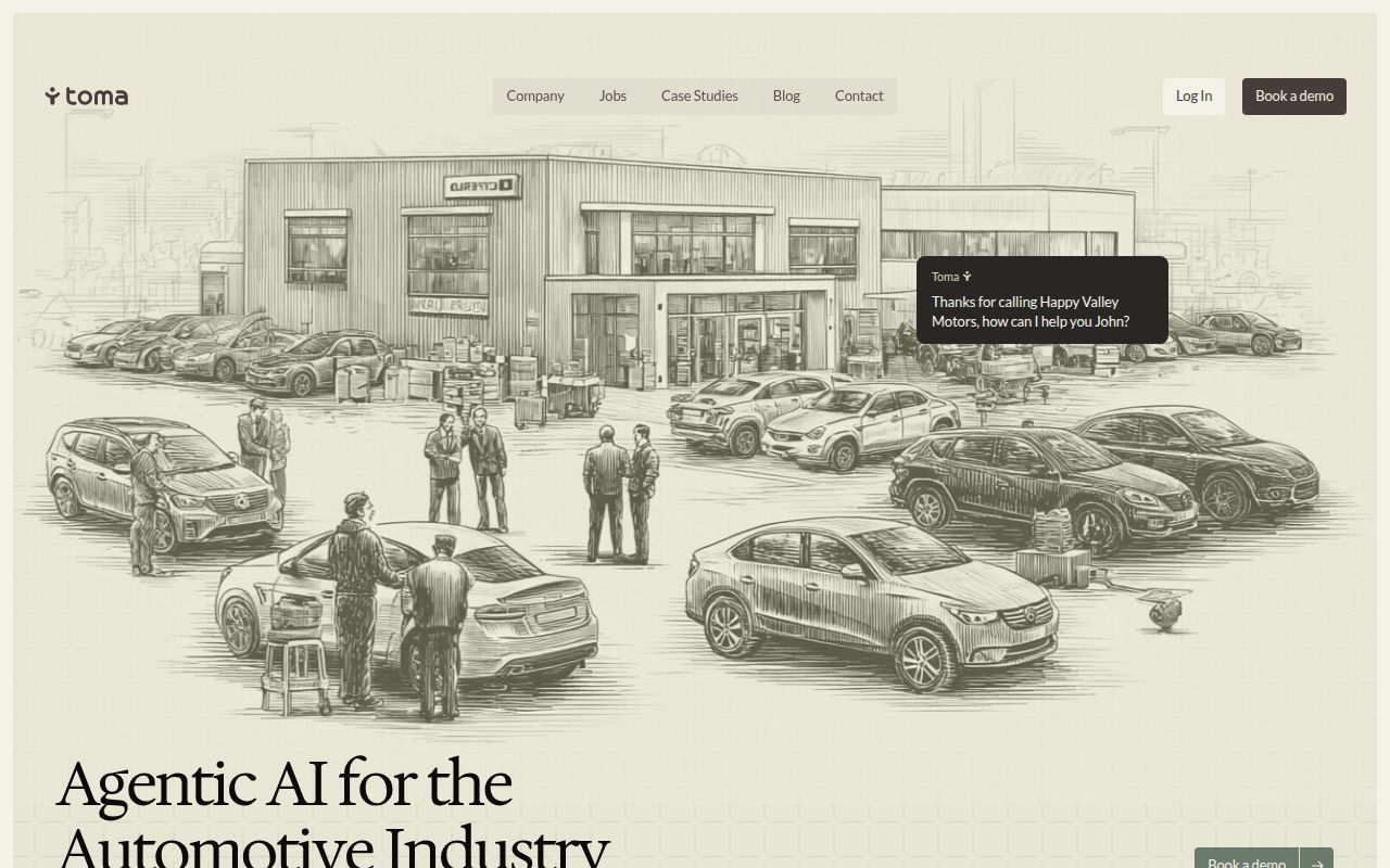Screenshot of Toma (toma.com) — Voice-first AI agents for dealerships