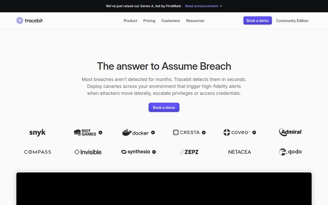 Screenshot of Tracebit (tracebit.com) — The answer to Assume Breach