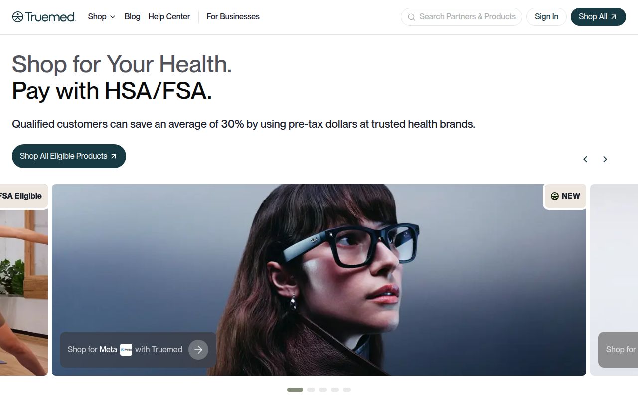 Screenshot of Truemed (truemed.com) — Shop HSA/FSA eligible products