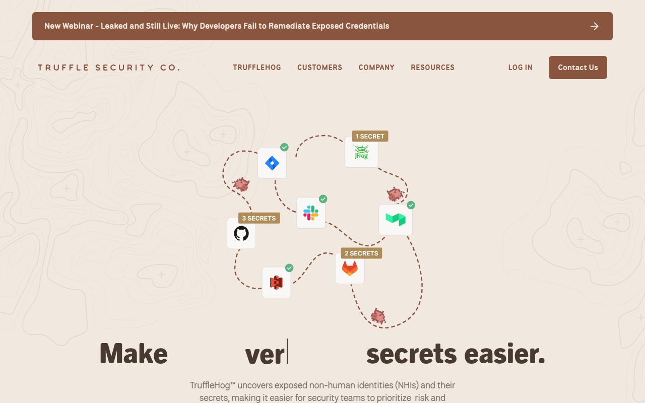 Screenshot of Truffle Security (trufflesecurity.com) — Unearth your secrets
