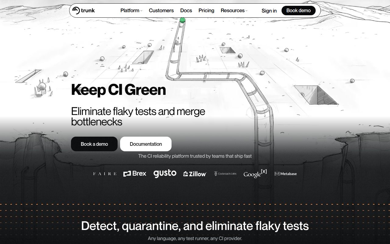 Screenshot of Trunk (trunk.io) — CI reliability for high-velocity engineering teams
