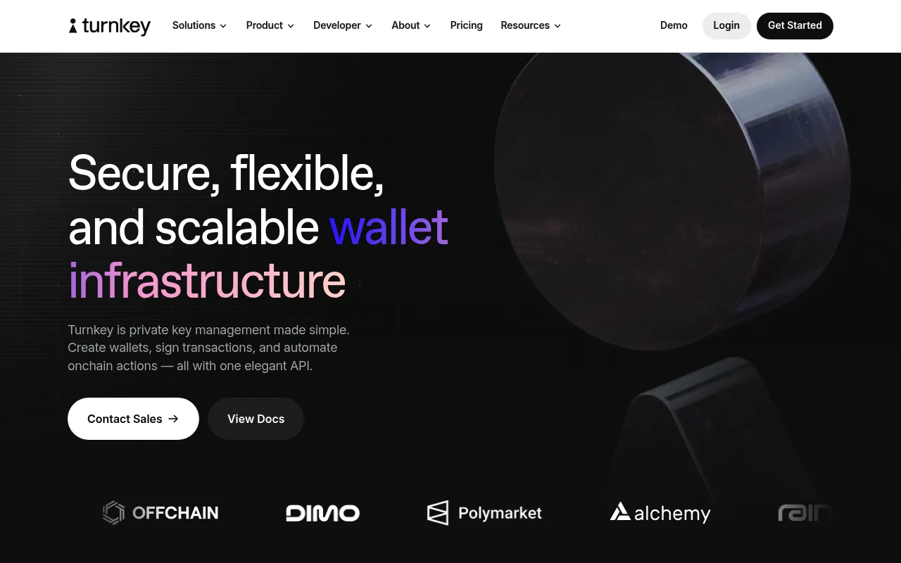 Screenshot of Turnkey (turnkey.com) — Secure, flexible, and scalable wallet infrastructure