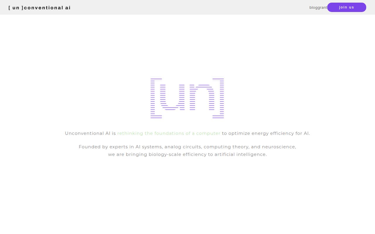 Screenshot of Unconventional AI (unconv.ai) — Building the most efficient substrate for intelligence