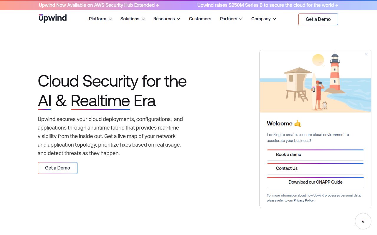 Screenshot of Upwind (upwind.io) — Cloud security happens at runtime