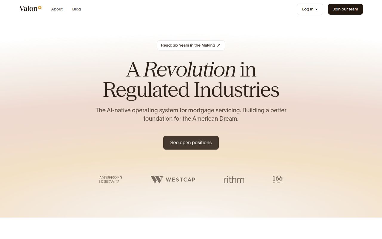 Screenshot of Valon (valon.ai) — OS for mortgage servicing