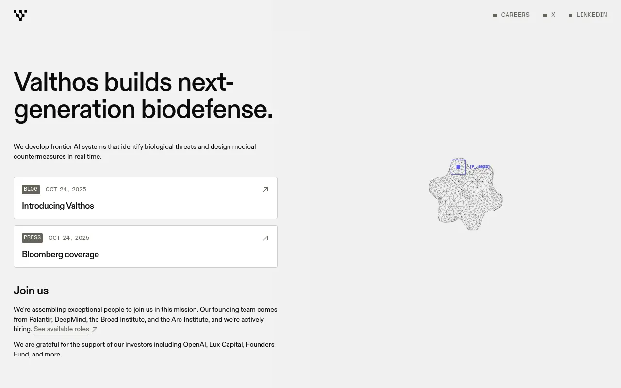 Screenshot of Valthos (valthos.com) — Next-generation biodefense